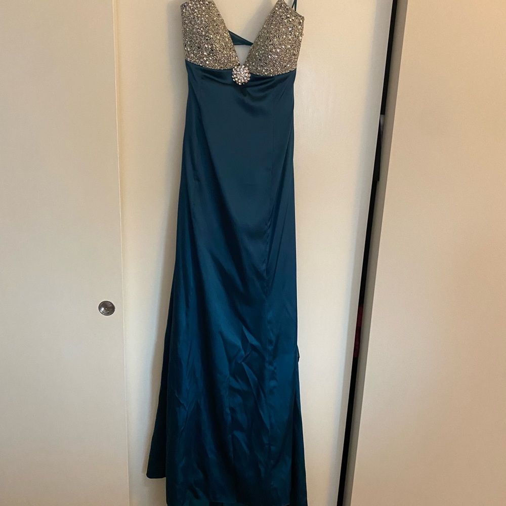 Teal Prom Dress with Silver Embellishments